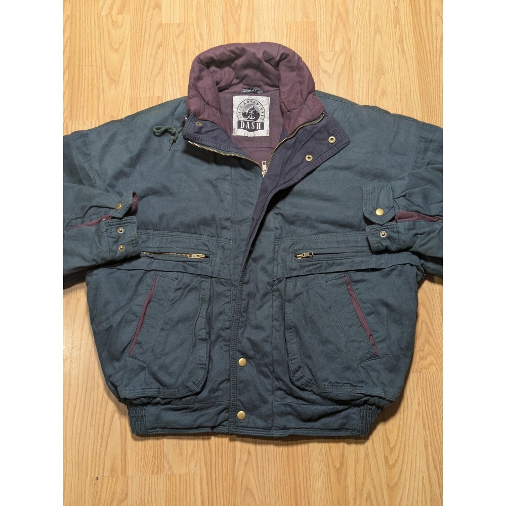 Dash Mens Vintage Canvas Bomber Jacket Hooded Zip Up Multi Pocket Blue XL